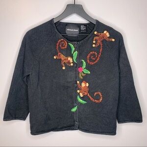 Michael Simon Black Beaded Embroidered Monkey‎ Cardigan Sweater Size M